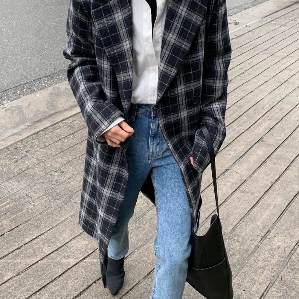 Oak + Fort plaid blue coat with quilted lining